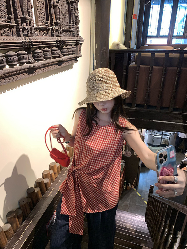 【现货】im向 伦敦格调 时髦简系格纹上衣女夏设计感绑带格子背心|undefined