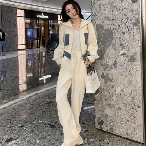 Beige white denim splicing casual sports suit for women's spring and autumn new two-piece set popular age-reducing preppy style