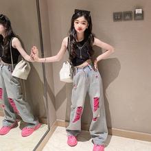 网红炸街女童套装夏款2023新款中大儿童时髦破洞牛仔裤背心两件套