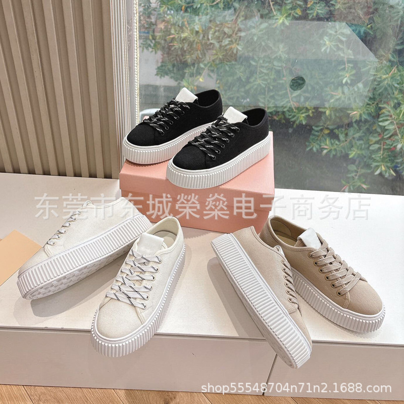 2025 European and American Early Spring New Thick-Soled Height-Increasing Canvas Shoes for Women, Lace-Up Sports Casual Sneakers, White Shoes, Biscuit Shoes