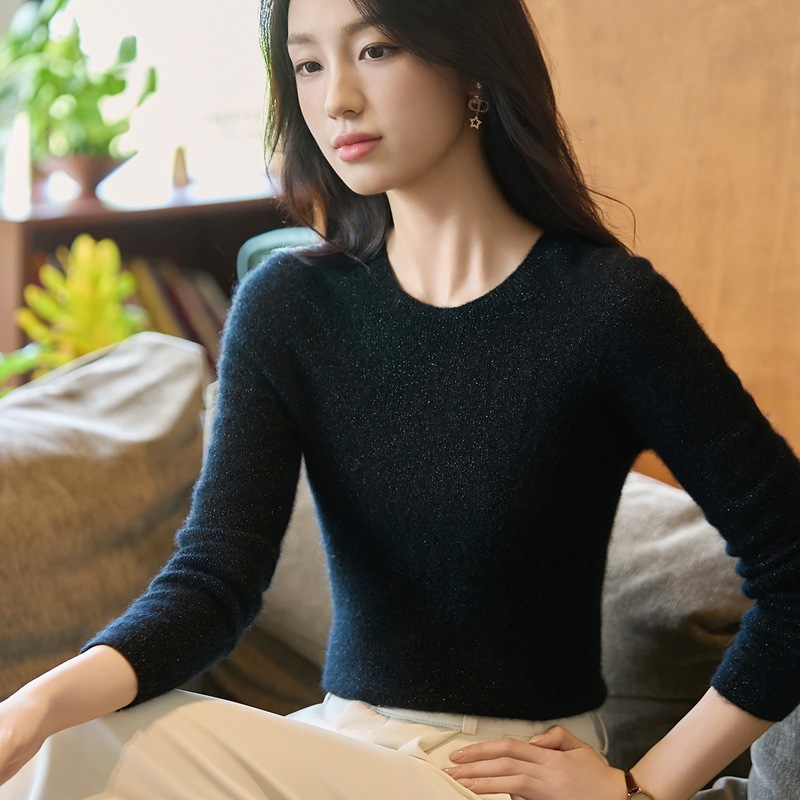 法式圆领无缝一体100羊毛针织衫女2025新款修身内搭毛衣打底衫|undefined