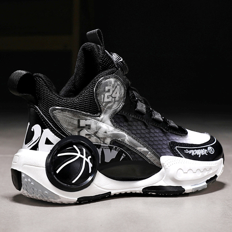 Zapatos para niños, zapatos deportivos, 2025 primavera y otoño, nuevos zapatos de baloncesto transpirables de malla para niños, botones giratorios para niños grandes y niños