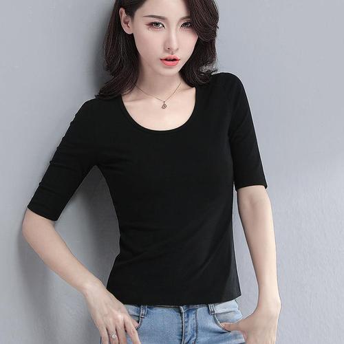 Women's 3/4 Sleeve Base Shirt, Black Yoga Top, Spring Summer V-Neck T-Shirt, Half-Sleeve Innerwear