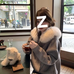 美式复古慵懒风灰色毛领外套连帽针织开衫女秋冬季小个子外搭上衣