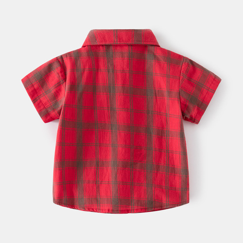 Fashionable plaid style short-sleeved short-sleeved soft and skin-friendly casual style lapel summer shirt for small and medium-sized boys