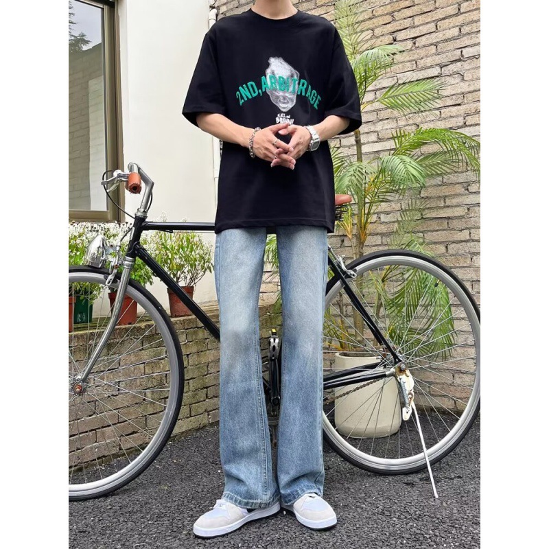 Pantalones vaqueros de estilo retro para hombre, holgados, rectos, lavados, con cremallera y acampanados, para primavera de 2024_voghion.com