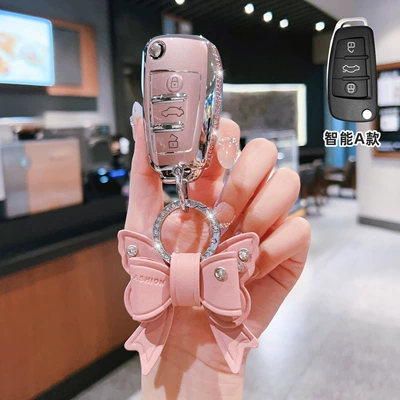 Cover Q5L Car A5/A6L/A3 | Car key bag - audi-model-a-folding-3-button-side-diamond-pink-single-shell-bow-diamond-buckle