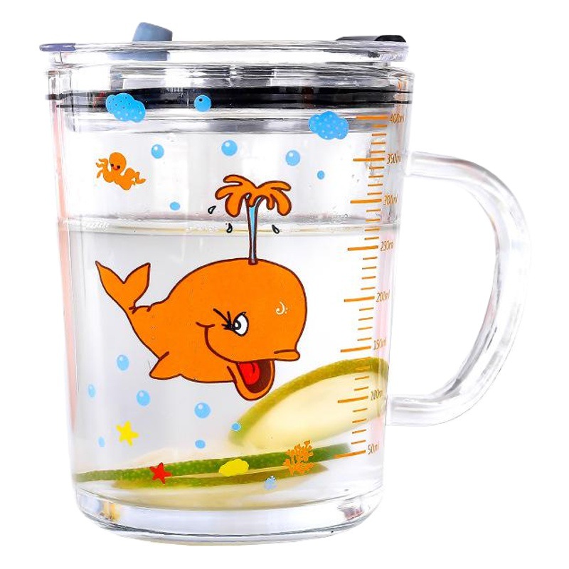 Creative Internet-famous Cup Children's Suction Tube Cup Milk Cup Handle Scale Cup Breakfast Cup Printed Water Cup Heat-resistant Glass