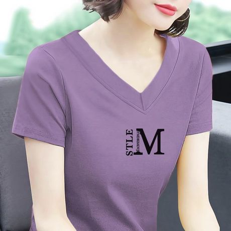 100%纯棉V领短袖t恤女2024夏季新款韩版鸡心领短袖体恤衫休闲上衣