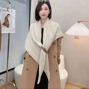 Knitted Triangle Towel All-match Internet-famous Shawl Autumn and Winter New Leather Buckle Age-reducing Fashion Scarf Warm-keeping Western Style Elegant