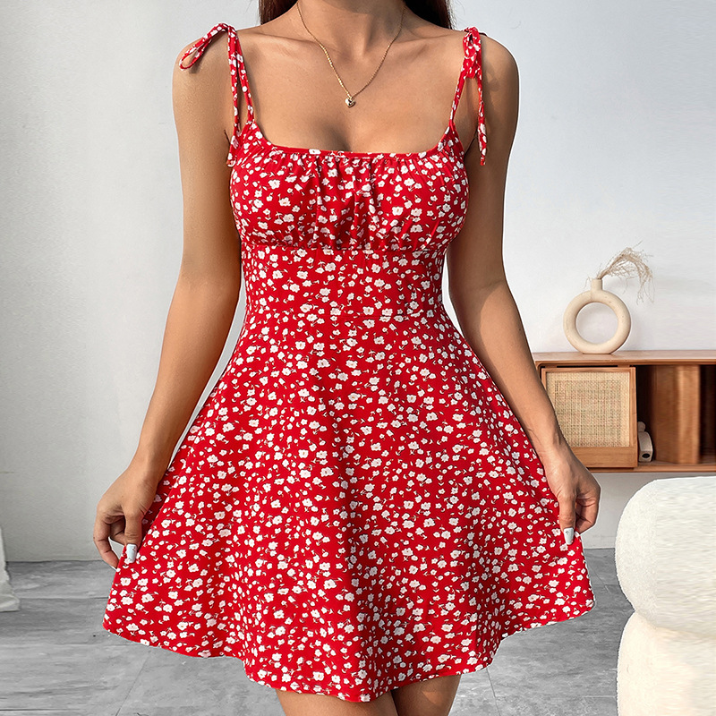 Summer New Style French Smudged Floral Suspender Short Dress Elastic Waist Vacation Sexy Suspender Skirt for Women