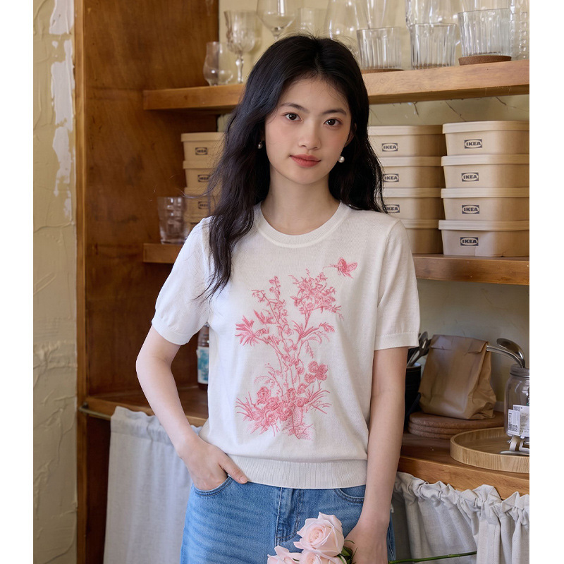 【Ai Order】French-Style Embroidered Short-Sleeve Knit Top for Women, New Summer Fashion, Youthful and Gentle Style