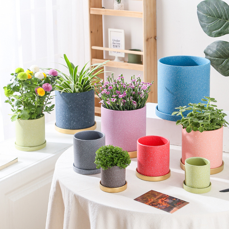 Flower pot ceramic with tray ins creative simple succulent orchid large young point straight pot container special offer