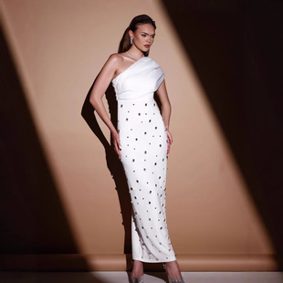 Spot Cross-Border Amazon Independent Site Gorgeous High-Quality Heavy-Duty Knitted Dress Slanted Shoulder Diamond Bandage Evening Dress