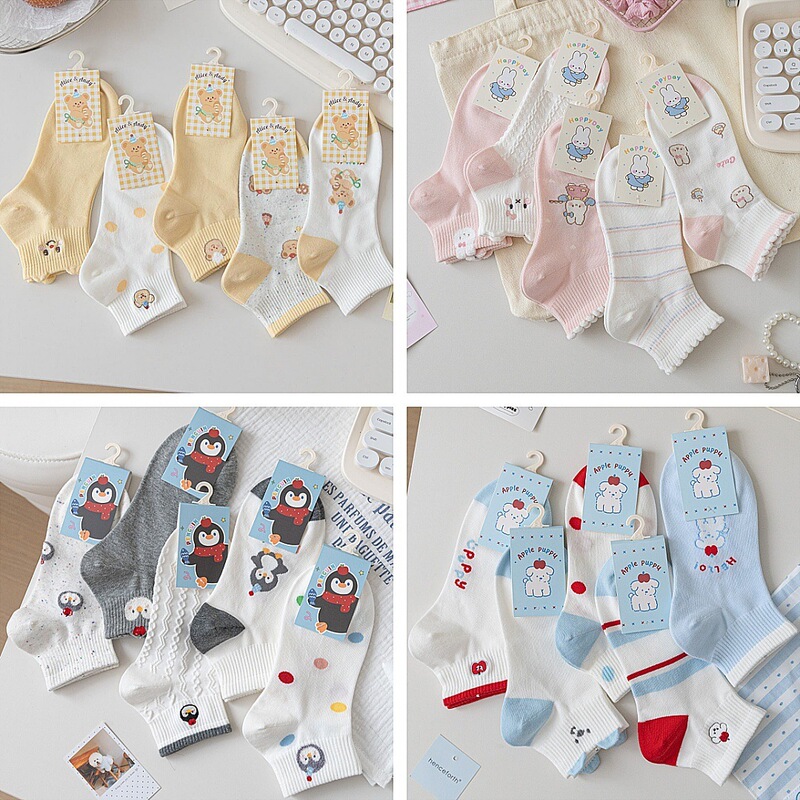 Alice&Andy five-pair set of spring-summer seamless Korean-style women's socks, cute cartoon thin combed cotton boat socks Alice&Andy five-pair set of spring-summer seamless Korean-style women's socks, cute cartoon thin combed cotton boat socks