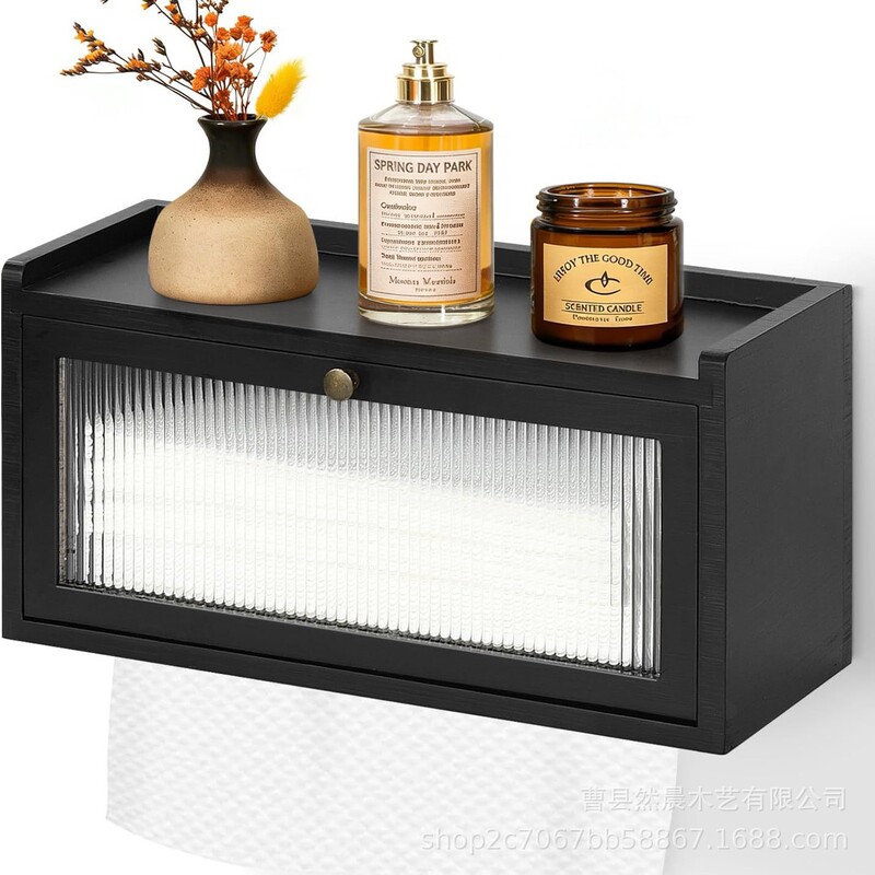Wooden wall-mounted tissue box, wall-mounted tissue storage rack, household facial towel and cotton pad dispenser with storage shelf