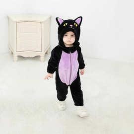 秋季新款儿童宝宝单层长袖法兰绒造型哈衣精灵猫造型连体哈衣
