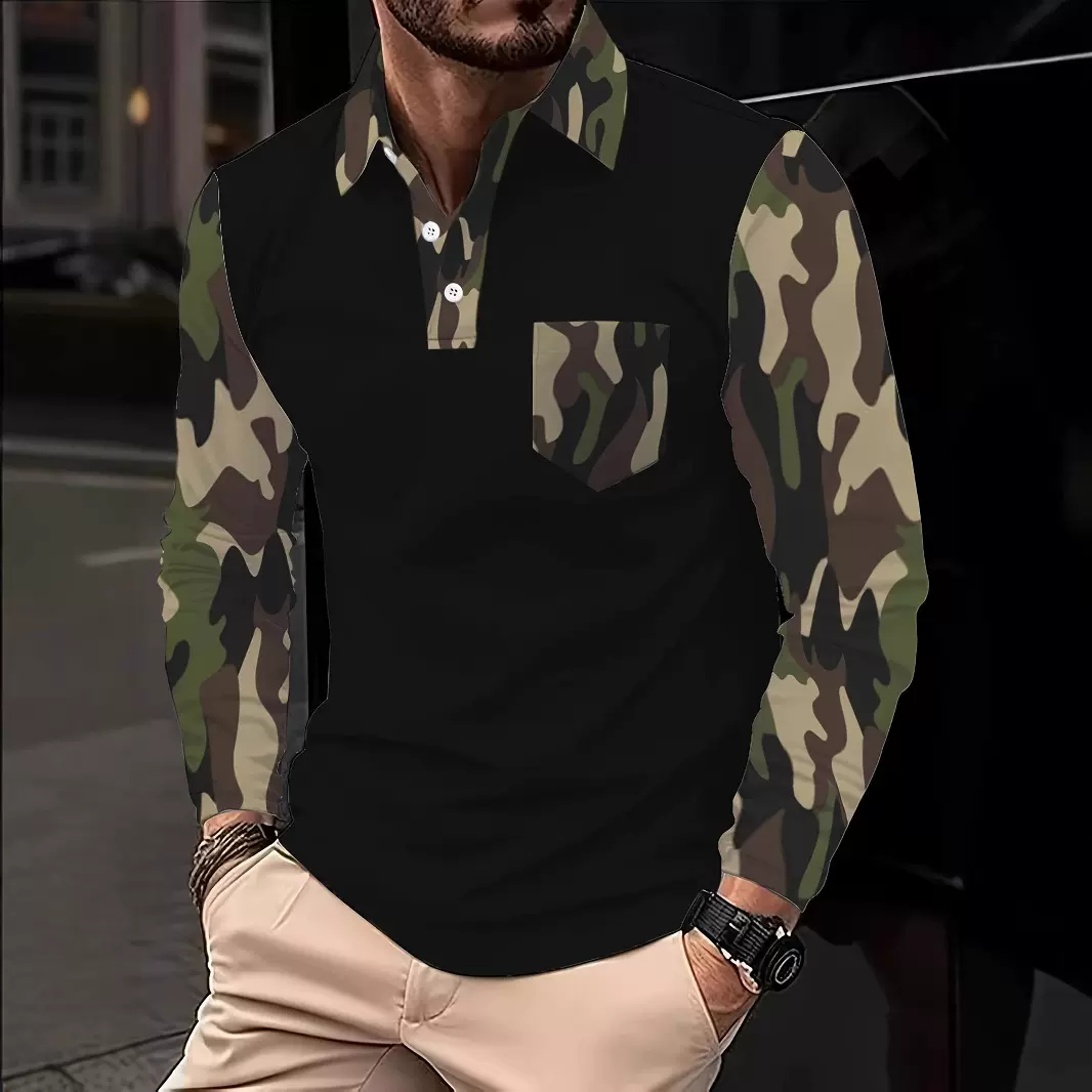 2025跨境亚马逊春秋新款3D迷彩印花polo衫长袖休闲拼色男士上衣
