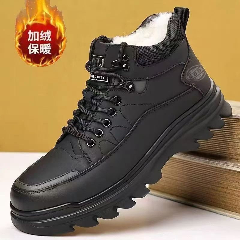 2026 invierno para hombres zapatos de cuero calientes de terciopelo, botas martin negras coreanas, zapatos de algodón casuales gruesos, zapatos de papá