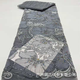 中东高定盘带骨绳珠管串珠刺绣 立体花朵国风刺绣面料婚纱礼服DIY