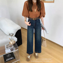 琪镌绘制秋季新款高腰牛仔裤女式宽松百搭垂感休闲阔腿长裤25672