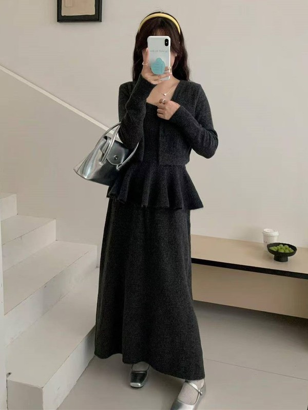温柔风立体刺绣花朵针织开衫+吊带+半身裙套装女秋装毛衣三件套潮|undefined