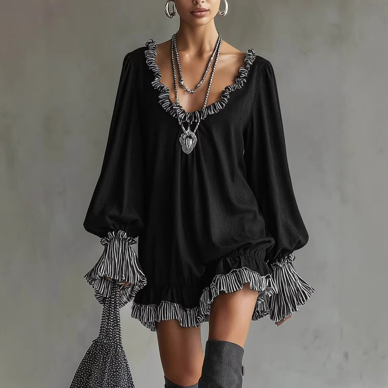2026 Amazon Aliexpress Short Princess-Style Elegant Slimming Dress with Ruffled Edges, Black Vintage Dress 2026 Amazon Aliexpress Short Princess-Style Elegant Slimming Dress with Ruffled Edges, Black Vintage Dress