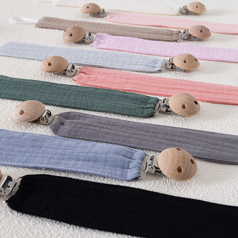 Infant Pure Cotton Crepe Pacifier Lanyard Printed Cotton Baby Pacifier Chain Beech Wood Pacifier Clip