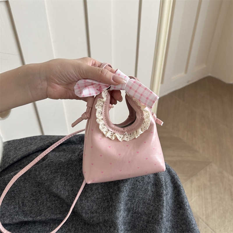 Fresh and stylish bowknot girls' shoulder bag, fashionable lace handbag, heart-shaped polka dot mini children's bag