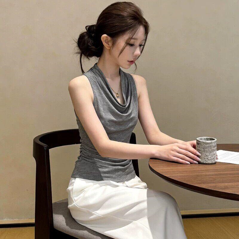 Modal Rayon Korean Style Ruched Collar Sleeveless Vest for Women, Summer Pleated Waist-Cinching Slimming Top Modal Rayon Korean Style Ruched Collar Sleeveless Vest for Women, Summer Pleated Waist-Cinching Slimming Top