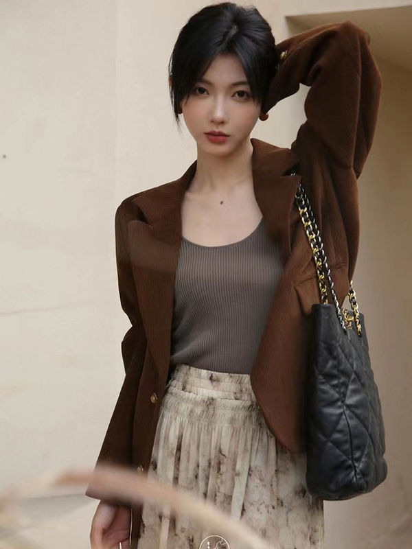 咖色复古西装外套女2025秋新款时尚设计感小众宽松休闲西服上衣|undefined