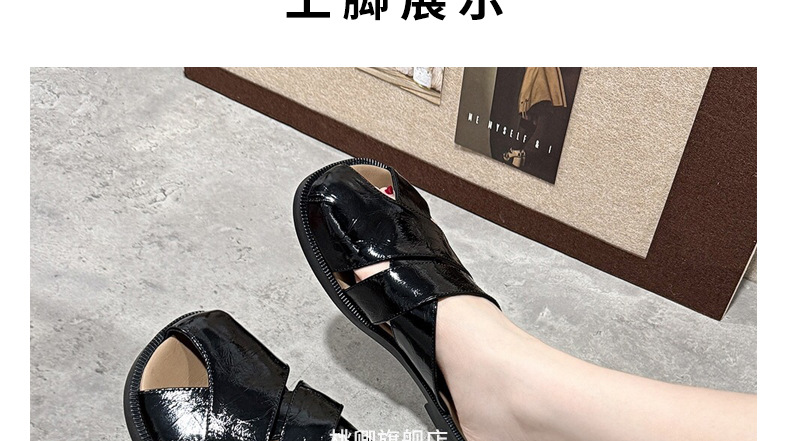 Dép sandal nữ quai ngang mũi tròn đế bệt da thật khoét lỗ thoáng khí — Màu đen chi tiết 18