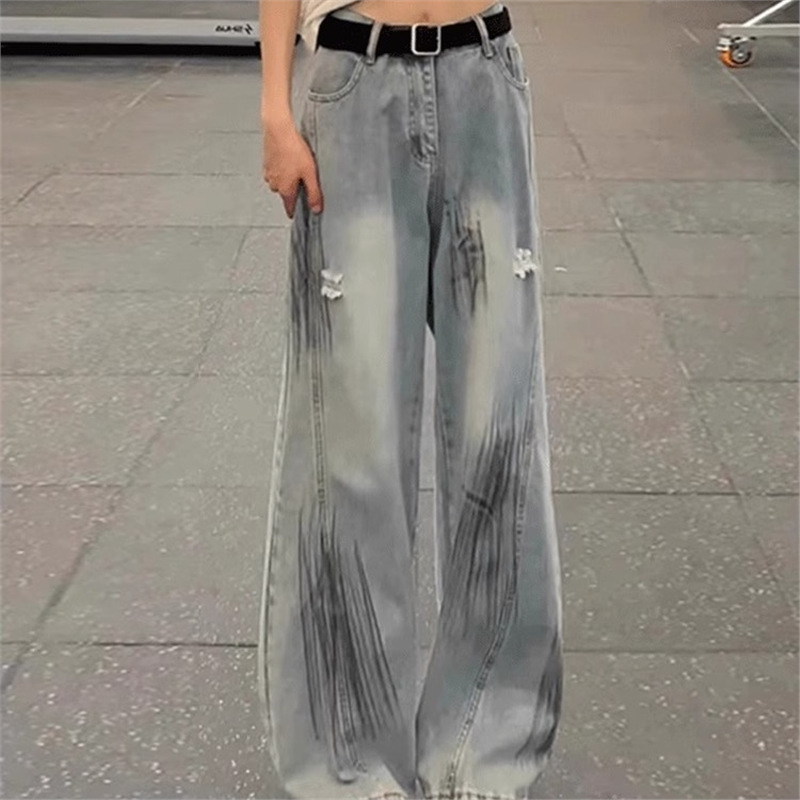 Casual Distressed Graffiti American High Street Washed Jeans for Men, Loose Wide-Leg Flared Pants
