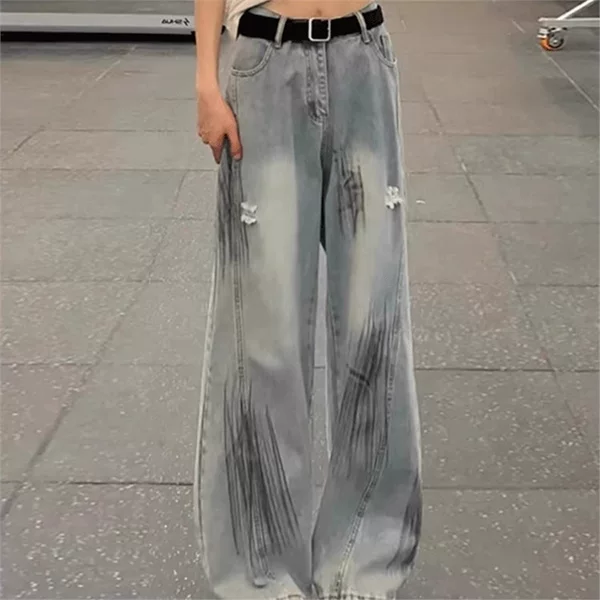 Casual Distressed Graffiti American High Street Washed Jeans for Men, Loose Wide-Leg Flared Pants