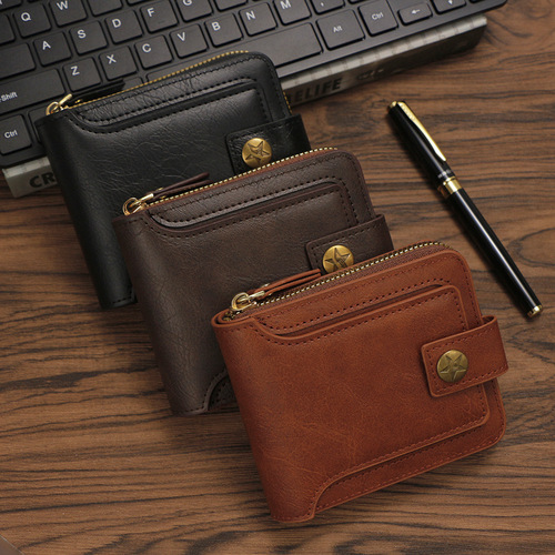 Cross-border new men's wallet with a sense of elegance retro zipper closure, large capacity multi-card slot men's zipper money clip