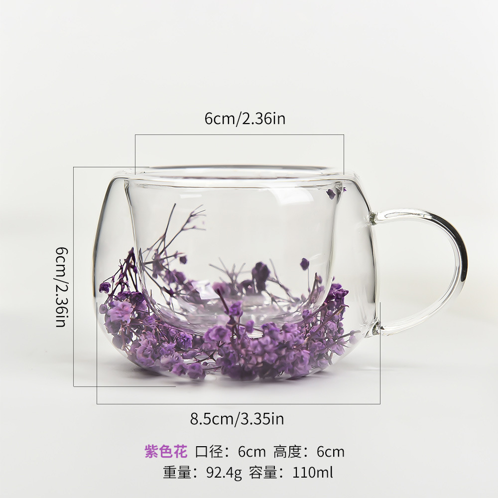 Taza de doble capa de alto borosilicato Taza de flor inmortal Taza de café de alto valor facial Taza de desayuno Taza de leche Taza de ceremonia de té Taza divisora de té
