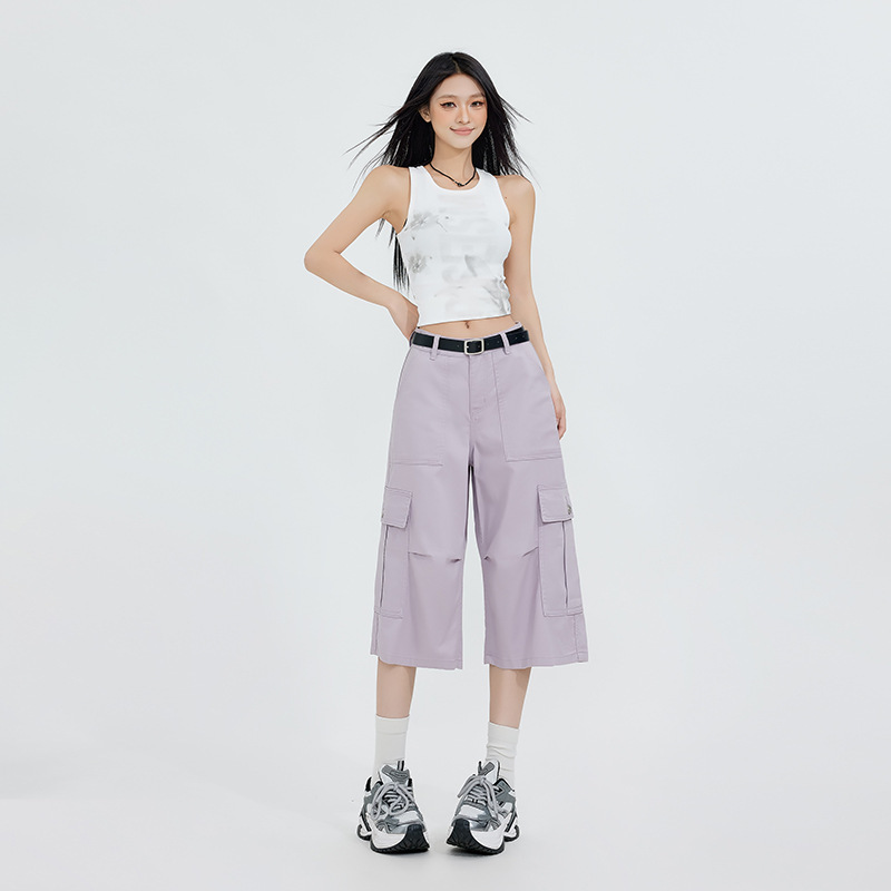 2025 Summer American Retro Large Pocket Cargo Capri Denim Shorts for Women with a Sense of Design Tencel Wide-Leg Mid-Length Pants