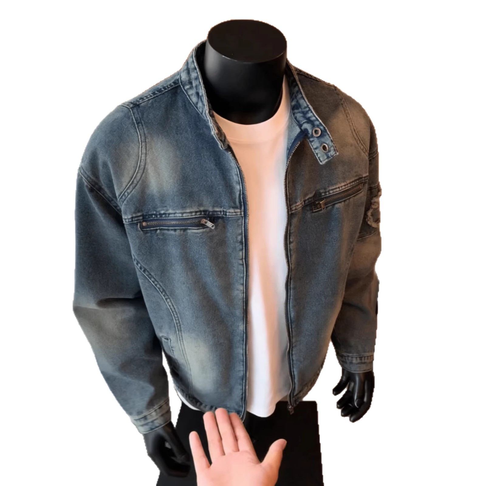 Motorcycle Denim Jacket For Men, Washed And Worn Trendy Brand Loose Casual Zipper Jacket_voghion.com