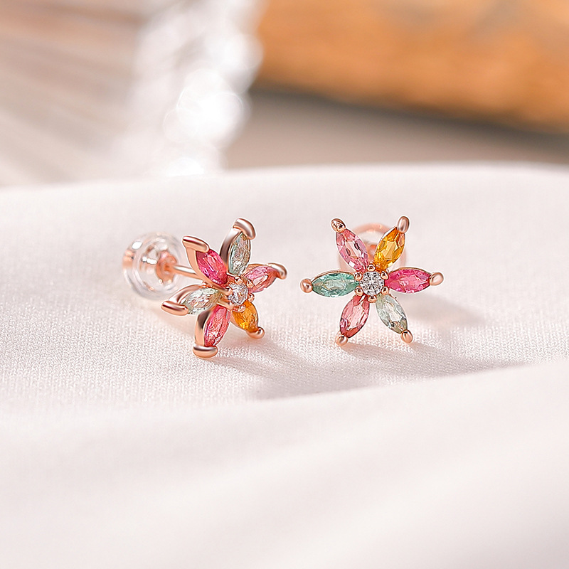 Bông tai bạc S925 mạ vàng hồng đính tourmaline ánh sáng sang trọng — Một cặp (màu tourmaline ngẫu nhiên)