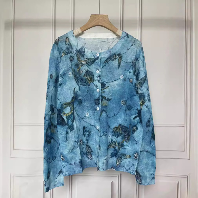 Zv24 Round Neck Butterfly Skull Digital Print Loose Linen Thin Knit Cardigan Top for Women Loose Fit Zv24 Round Neck Butterfly Skull Digital Print Loose Linen Thin Knit Cardigan Top for Women Loose Fit