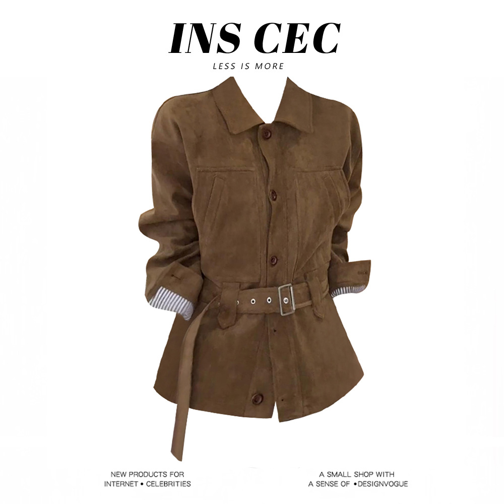 Ins Cec Retro Lapel Single-Breasted Belt Waist Jacket Women's Autum Textured Suede Slim Cardigan Top