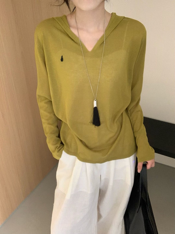 糖果色刺绣2025早秋新款V领连帽针织衫女宽松显瘦百搭长袖T恤上衣|undefined