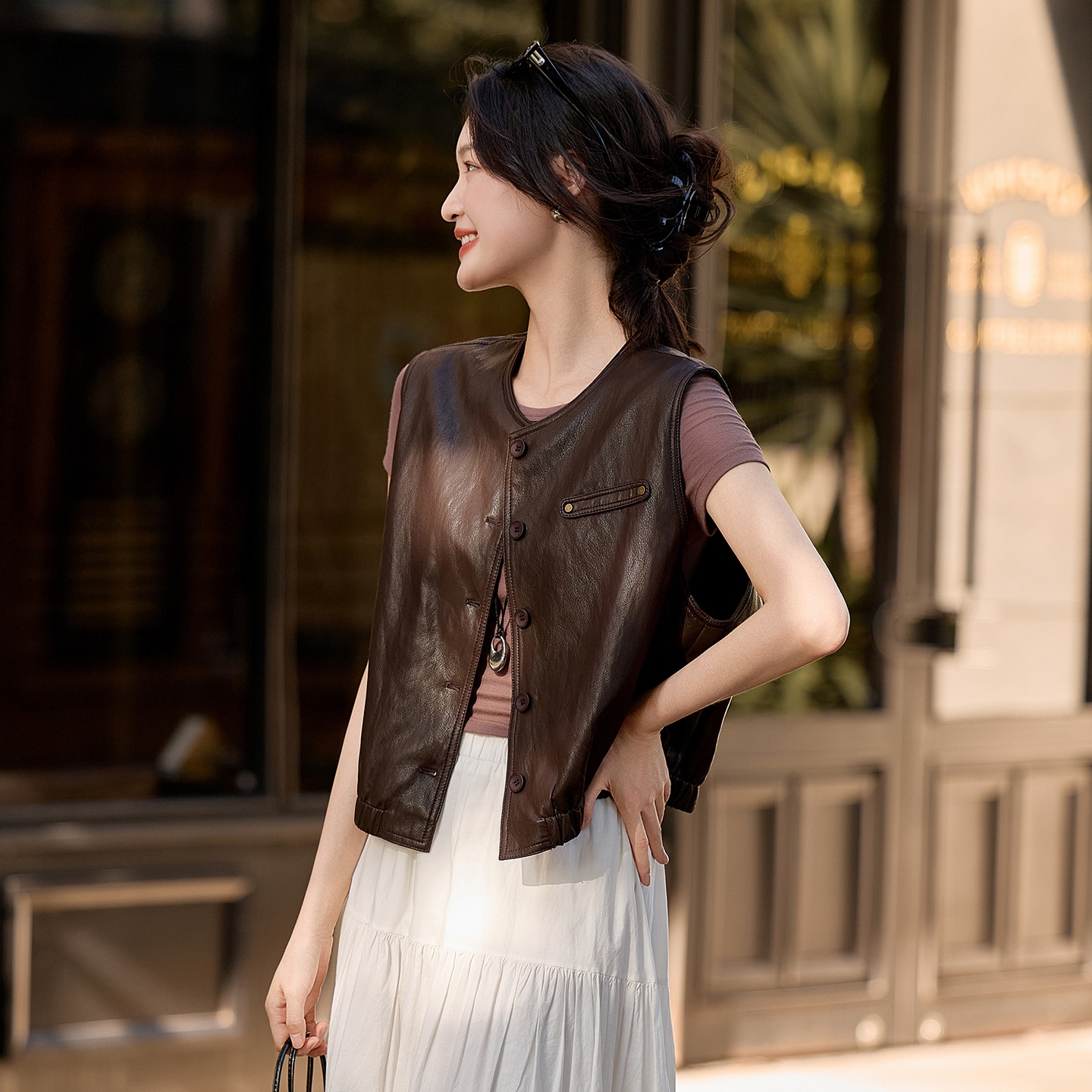 High-end retro PU leather women's vest, 2026 Korean style motorcycle PU leather petite loose jacket WA87