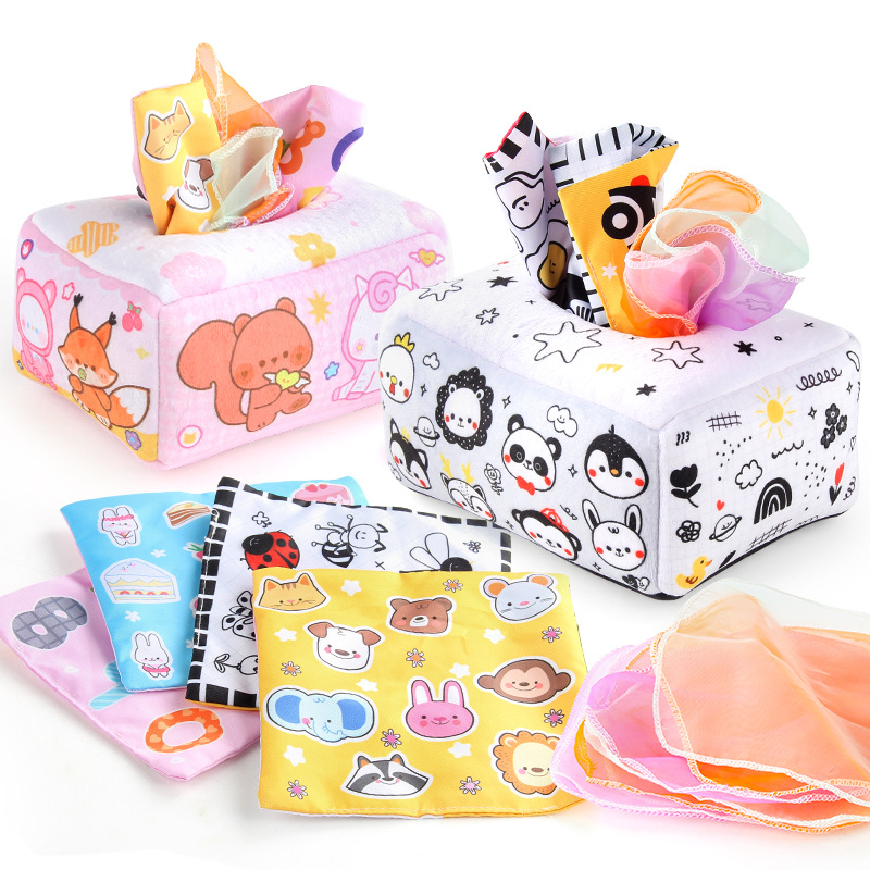 Bebé educativo educación temprana libro de tela caja de juguetes bebé sonando papel de tela libro de simulación animal rosa caja de pañuelos sin lágrimas