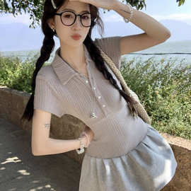 韩系灰色polo领短袖连衣裙女春季修身收腰短裙小个子显瘦a字裙子