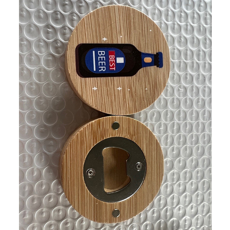 Abridor de botellas de bambú redondo etiqueta magnética refrigerador abridor de botellas de cerveza de acero inoxidable impresión en color varios personalidad gráfica image 1