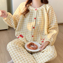 奶黄格子睡衣女款秋冬季加厚空气夹棉高级感可外穿卡通番茄家居服