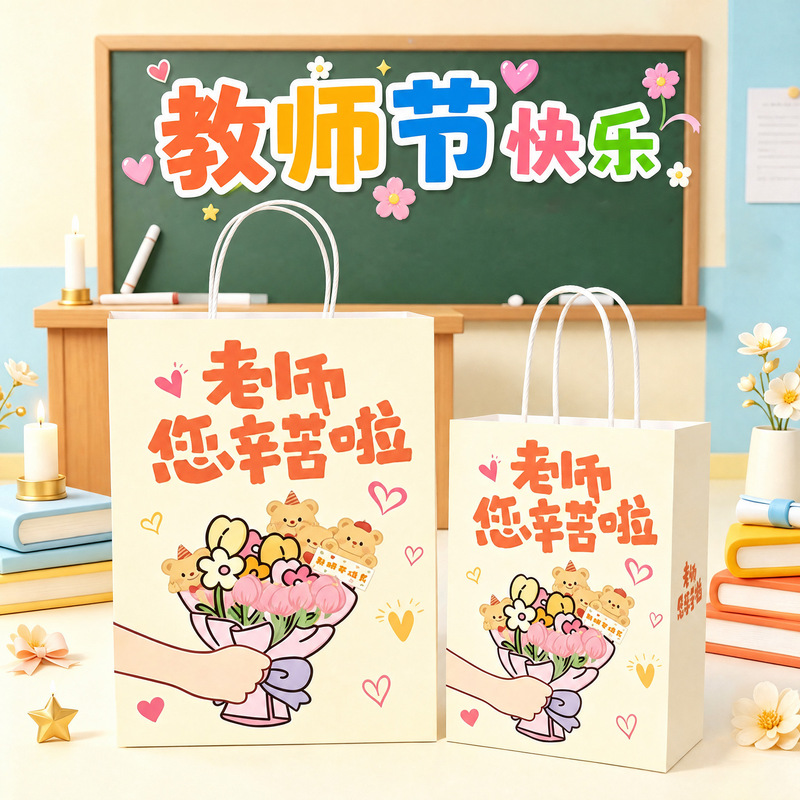 Happy Teachers' Day, Back-To-School Season, Kraft Paper Bags, Snack Gift Bags, Gift Bags, Tote Bags with Custom Logo Printing