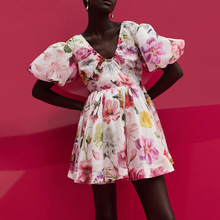 欧美休闲度假风短裙2025秋季新款时尚V领印花宽松泡泡袖连衣裙女