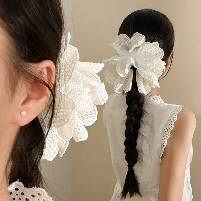French White Flower Lace Pearl Ponytail Clip for Women, High-End, Gentle and Versatile Back-Of-The-Head Clip Headwear Factory